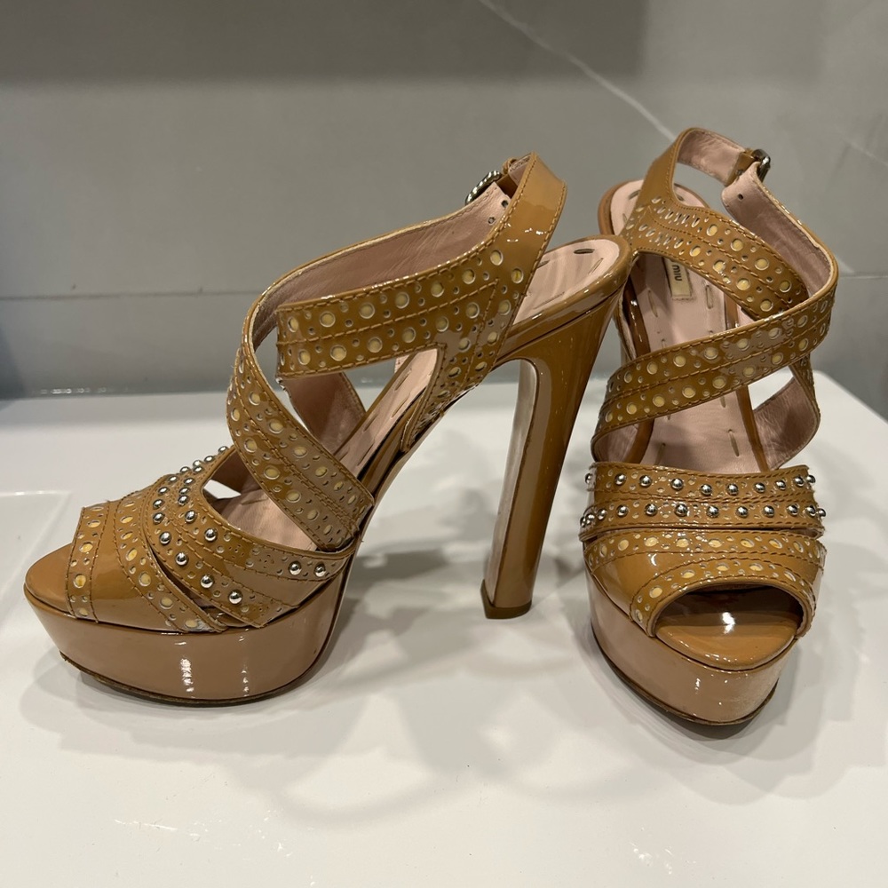 Miu miu patent nude studded sandal size 37.